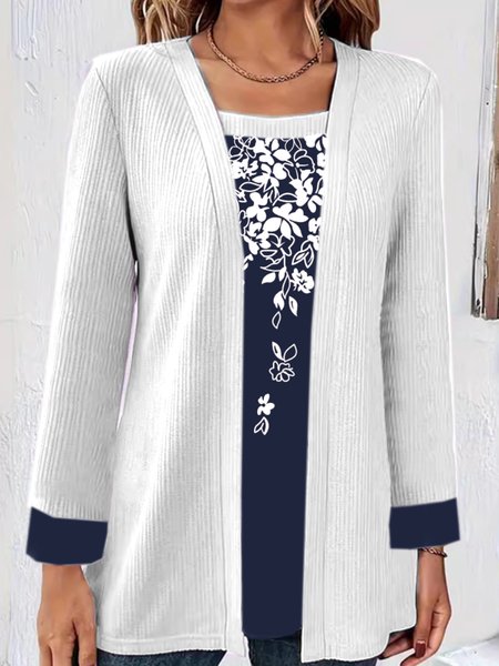 

Crew Neck Long Sleeve Floral Regular Micro-Elasticity Regular Fit Mock Two-Piece Blouse For Women, Deep blue, Blouses