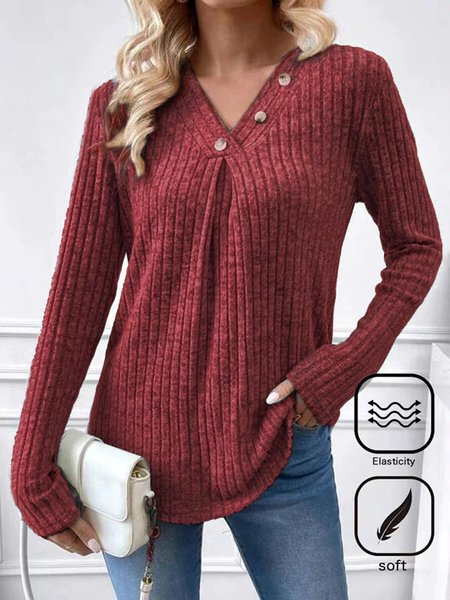 

V Neck Long Sleeve Plain Regular Micro-Elasticity Loose Blouse For Women, Red, Blouses