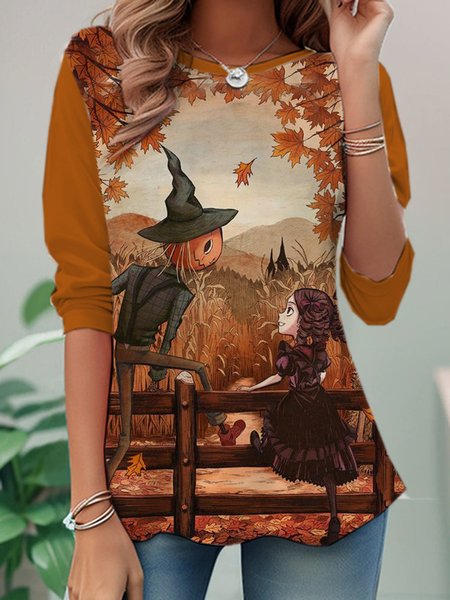 

Casual Halloween Crew Neck Long Sleeve T-shirt, Orange red, T-shirts