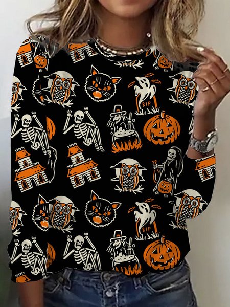 

Casual Halloween Crew Neck Long Sleeve T-shirt, Black, T-shirts