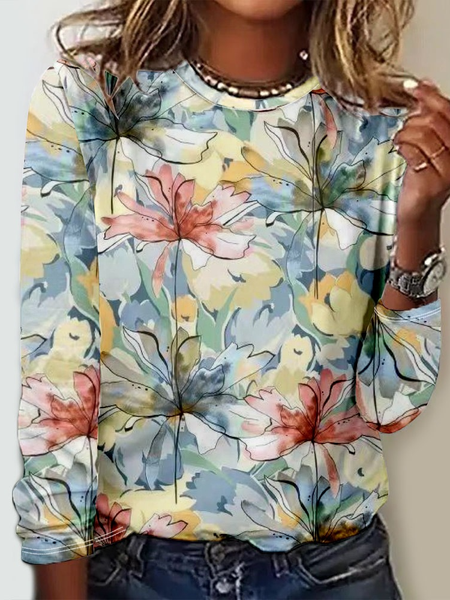 

Casual Floral Crew Neck Three Quarter Sleeve T-shirt, Multicolor, T-shirts