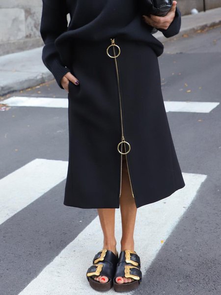 

High Waist Plain Urban Zipper Skirt, Black, Skirts