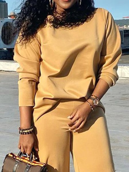 

Daily Casual Plain Crew Neck Blouse, Yellow brown, Blouses and Shirts