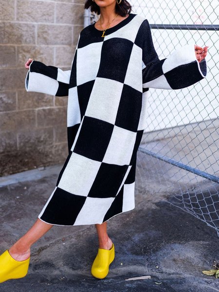 

Casual Loose Geometric Regular Sleeve Sweater Dress, Black-white, Maxi Dresses