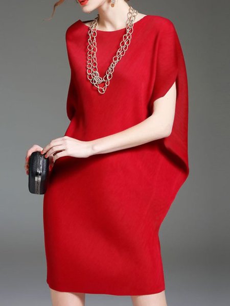 

Plus Size Elegant Loose Plain Raglan Sleeves Crew Neck Dress, Red, Plus Dresses