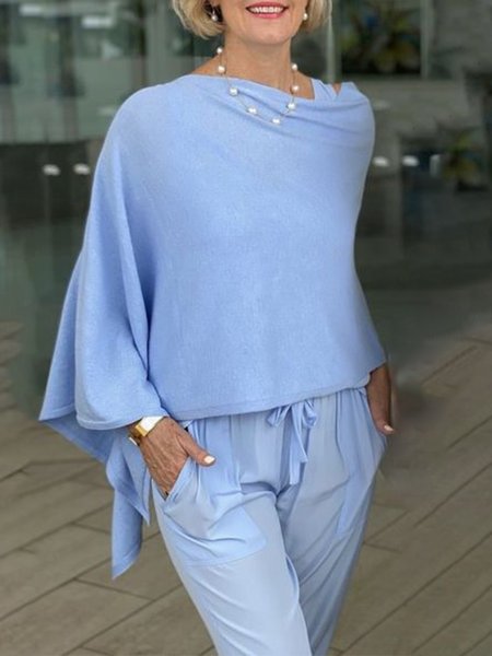 

Boat Neck Raglan Sleeves Plain Casual Blouse Including Vest Inside, Blue, Blouses and Shirts
