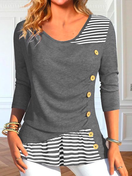 

Crew Neck Long Sleeve Striped Regular Micro-Elasticity Loose Blouse For Women, Gray, Blouses
