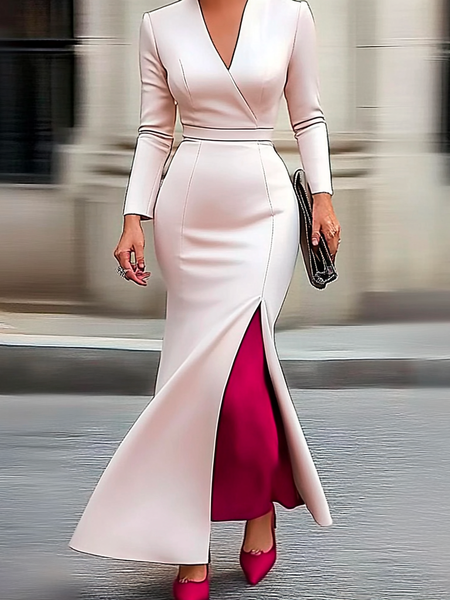 

Elegant Color Block Split Joint Dress, Pink, Maxi Dresses