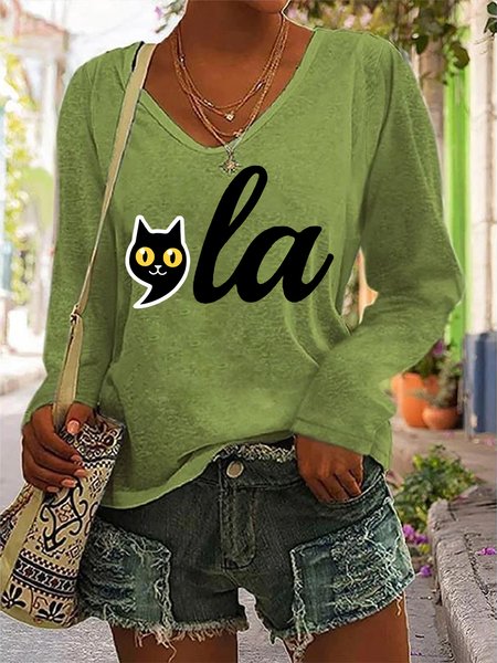 

La Cat V Neck Casual Long Sleeve, Green, Long sleeves
