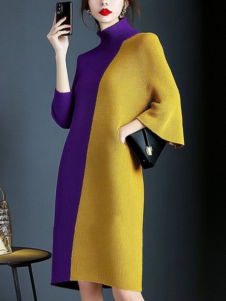

Color Block Bell Sleeve Casual Loose Sweater Dress, As picture, Midi Dresses