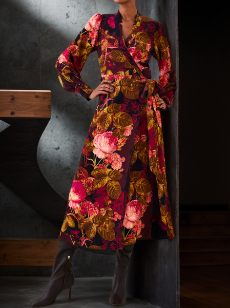 

Elegant Cross Neck Printing Balloon Sleeve Regular Fit Dress With Belt, Red, Midi Dresses