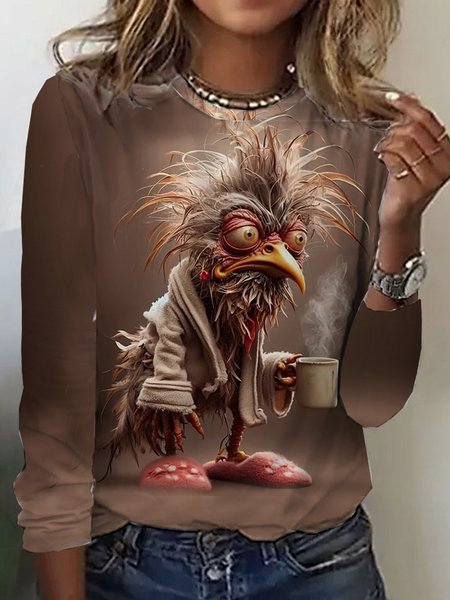

Casual Animal Crew Neck Long Sleeve T-shirt, Coffee, T-shirts