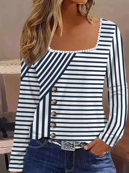 

Square Neck Long Sleeve Striped Regular Micro-Elasticity Loose Blouse For Women, Blue, Blouses