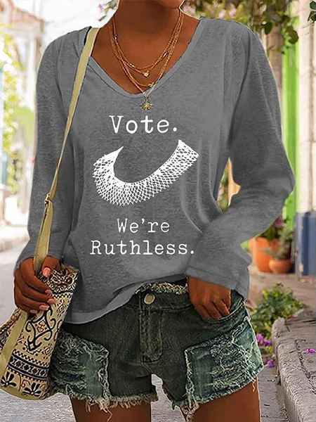 

Women Vote We're Ruthless V Neck Casual Blouse, Gray, Long sleeves
