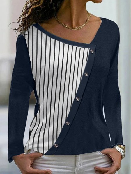 

Long Sleeve Striped Regular Micro-Elasticity Loose Blouse For Women, Blue, Blouses