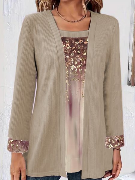 

Crew Neck Long Sleeve Floral Regular Micro-Elasticity Regular Fit Mock Two-Piece Blouse For Women, Khaki, Blouses