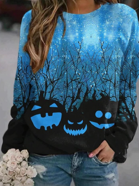 

Halloween Loose Casual Crew Neck Sweatshirt, Blue, Hoodies&Sweatshirts