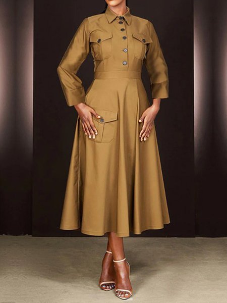 

Urban Plain Cargo Prockets Long Sleeve Shirt Dress, Yellow brown, Maxi Dresses