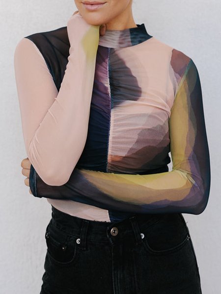 

Abstract Casual Gathered Tight T-Shirt, As picture, Tees