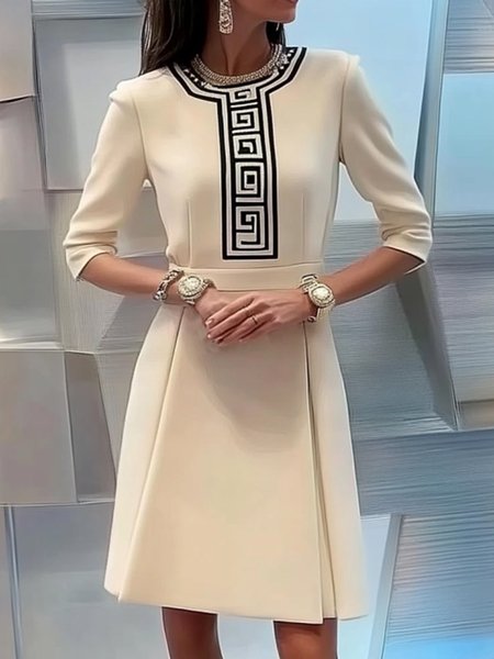 

Elegant Three Quarter Sleeve Geometric Mini Dress, Off white, Mini Dresses