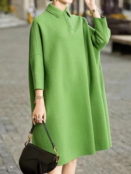 

Plain Shawl Collar Casual Raglan Sleeves Sweater Dress, Green, Midi Dresses