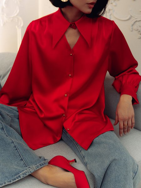 

Plain Urban Shirt Collar Long Sleeve Shirt, Red, Blouses and Shirts