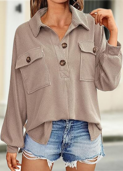 

Women's Long Sleeve Blouse Spring/Fall Plain Shirt Collar Daily Going Out Casual Top, Khaki, Shirts