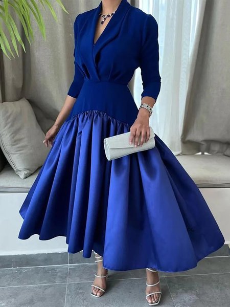 

Elegant Split Joint Shawl Collar Regular Fit Party Midi Dress, Blue, Midi Dresses