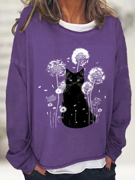 

Retro Cat & Dandelion Print Casual Sweatshirt, Deep purple, Hoodies&Sweatshirts