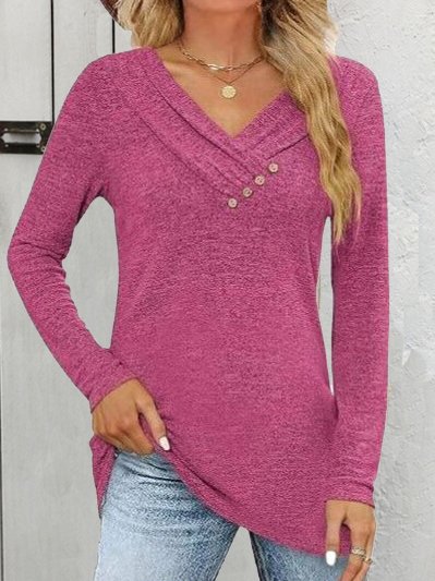 Women Plain V Neck Casual Long Sleeve T-shirt, Deep pink, Long Sleeves