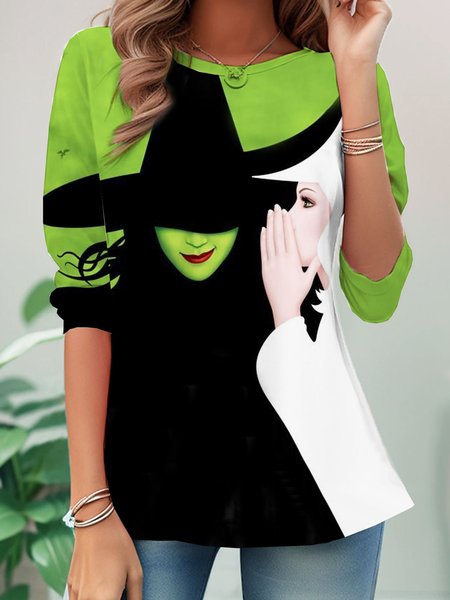 

Casual Halloween Crew Neck Long Sleeve T-shirt, Green, Blouses