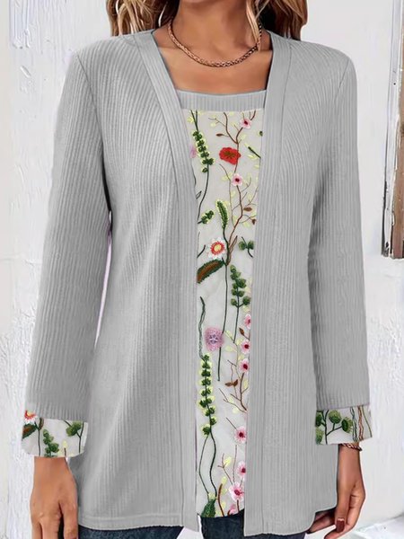 

Crew Neck Long Sleeve Floral Regular Micro-Elasticity Regular Fit Mock Two-Piece Blouse For Women, Gray, Blouses