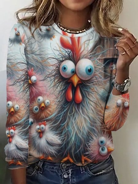 

Casual Animal Crew Neck Long Sleeve T-shirt, Multicolor, T-shirts