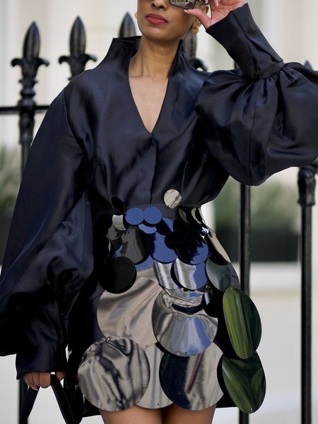 

Stand Collar Plain Elegant Balloon Sleeve Shirt, Black, Blouses and Shirts