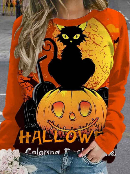 Casual Crew Neck Halloween Sweatshirt, Orange red, Hoodies & Sweatshirts