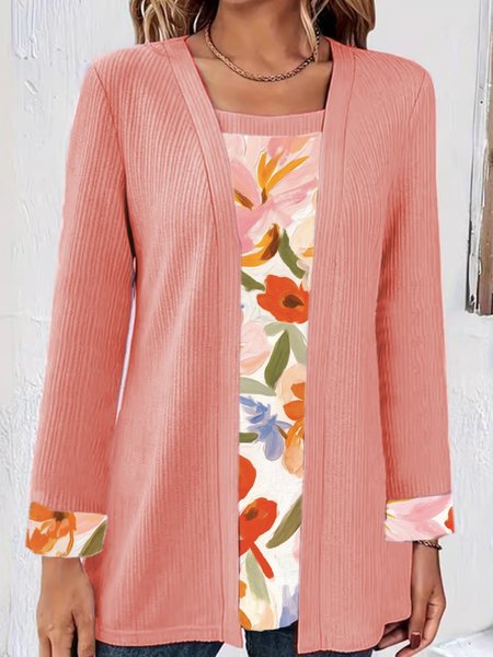 

Crew Neck Long Sleeve Floral Regular Micro-Elasticity Regular Fit Mock Two-Piece Blouse For Women, Pink, Blouses