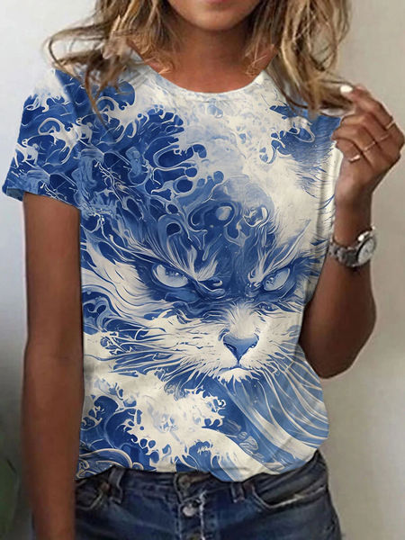 

Women'sBlue Waves&Cats Print T-Shirt, As picture, T-shirts