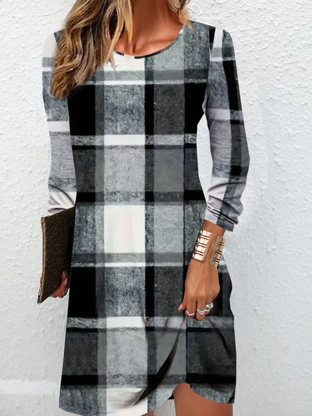 

Women Plaid Crew Neck Long Sleeve Comfy Casual Mini Dress, Black-grey, Dresses