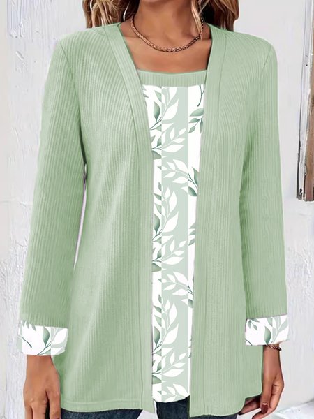 

Crew Neck Long Sleeve Floral Regular Micro-Elasticity Regular Fit Mock Two-Piece Blouse For Women, Green, Blouses