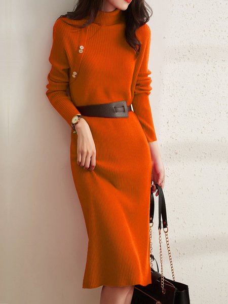 

Buttoned Plain Long Sleeve Elegant Sweater Dress, Orange, Midi Dresses