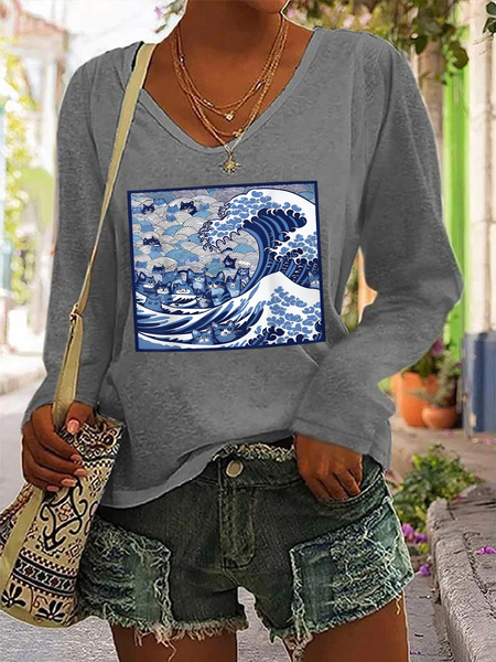 

La Cat Vote Blue Cats Wave Casual V-Neck Long Sleeve Shirt, Gray, Long sleeves