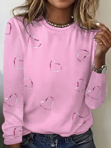 Heart/Cordate Casual T-Shirt, Pink, Long sleeves
