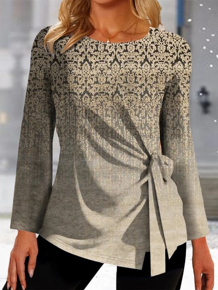 

Crew Neck Long Sleeve Ethnic Regular Micro-Elasticity Loose Blouse For Women, Champagne, Blouses