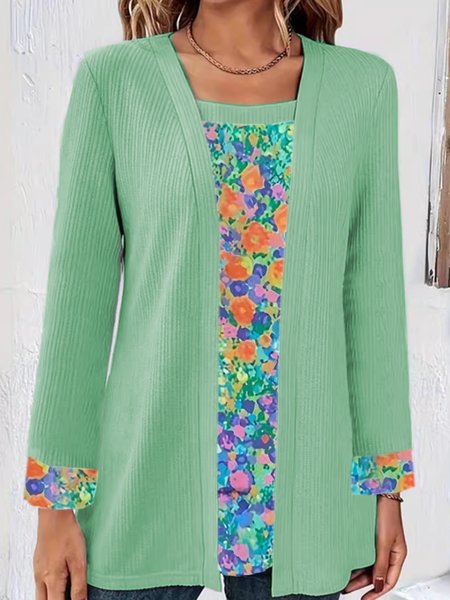 

Crew Neck Long Sleeve Floral Regular Regular Fit Mock Two-Piece Blouse For Women, Green, Blouses