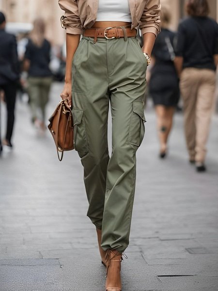 Casual Pockets Regular Fit Fashion Cargo Pants, Army green, Pants