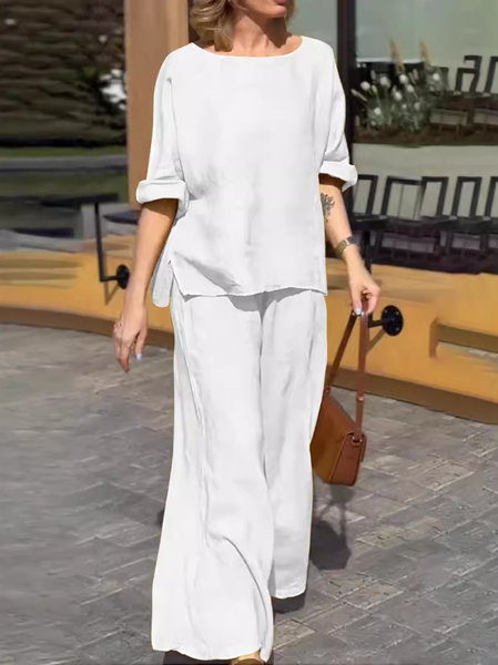 Women Plain Crew Neck Half Sleeve Comfy Casual Top With Pants Two-Piece Set, White, Sets
