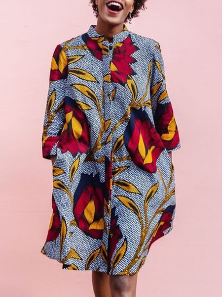 

Urban Stand Collar Ethnic Loose Shirt Dress, As picture, Midi Dresses