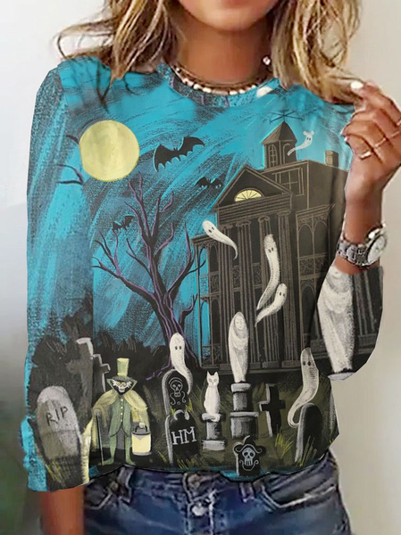 

Casual Halloween Crew Neck Long Sleeve T-shirt, Blue, T-shirts