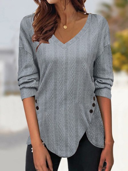 

V Neck Long Sleeve Plain Regular Micro-Elasticity Loose Blouse For Women, Gray, Blouses