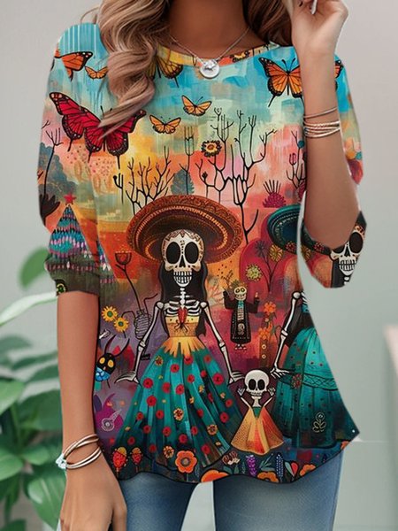 

Casual Halloween Crew Neck Long Sleeve T-shirt, Multicolor, T-shirts